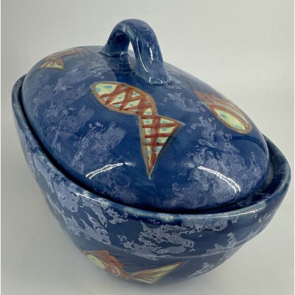 Bowl w/Lid Evandale Porcelain Handpainted Fish Design Blue 9” L x 5.25”W x 5.5”T - Picture 5 of 14